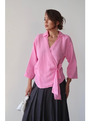 Bacc Pembe Kruvaze Yaka Bağlamalı Müslin Bluz BCRU-261302