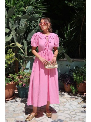 Bacc Pembe Bebe Yaka Bağlamalı Astarlı Uzun Müslin Elbise BCRU-261301