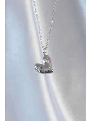 Fantastik Store 316L Çelik Zincir Gümüş Renk Renkli Zirkon Taşlı Kalp Kolye - Lisinya