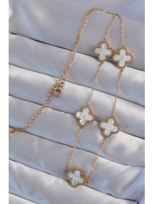 Fantastik Store 316L Çelik Gold Renk Beyaz Sedefli Yonca Kolye - Lisinya