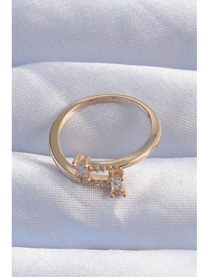 Fantastik Store Pirinç Gold Renk Zirkon Taşlı Geometrik Ayarlanabilir Yüzük - Lisinya