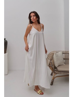 Bacc Beyaz V Yaka Askılı Uzun Astarlı Salaş Elbise BCRU-261300