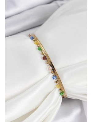 Fantastik Store 316L Çelik Gold Renk Karışık Renkli Kristal Taşlı Kadın Bileklik - Lisinya