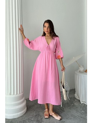 Bacc Pembe V Yaka Balon Kol Bağcıklı Astarlı Uzun Elbise BCRU-261299