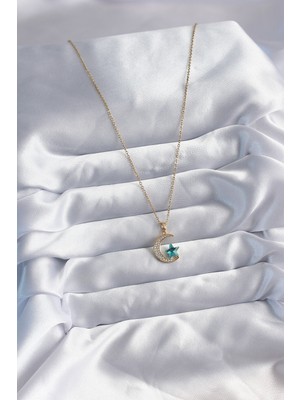 Fantastik Store 316L Çelik Gold Renk Zincir Zirkon Taş Detay Hilal Yıldızı Figür Kadın Kolye - Lisinya