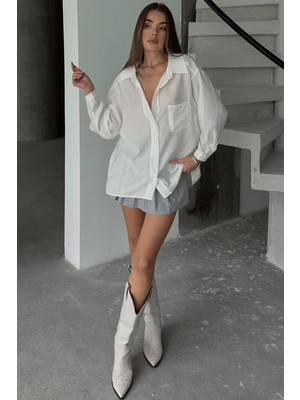 Bacc Beyaz Tek Cepli Uzun Kol Oversize Gömlek BCRU-261293