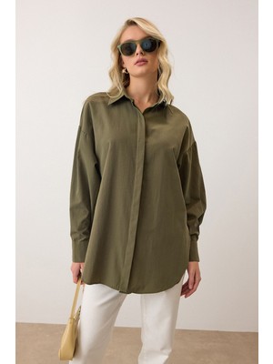 Bacc Haki Uzun Kollu Oversize Poplin Gömlek BCRU-261305