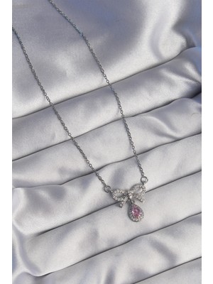 Fantastik Store 316L Çelik Gümüş Renk Fiyonk Detay Pembe Zirkon Taşlı Damla Kolye - Lisinya