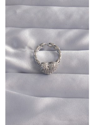 Fantastik Store Pirinç Ayarlamalı Gümüş Renk Zirkon Taşlı Bombeli Kalp Yüzük - Lisinya