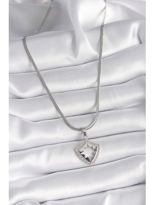 Fantastik Store 316L Çelik Gümüş Renk Italyan Zincir Zirkon Taşlı Kutup Yıldızı Işleme Model Kadın Kolye - Lisinya