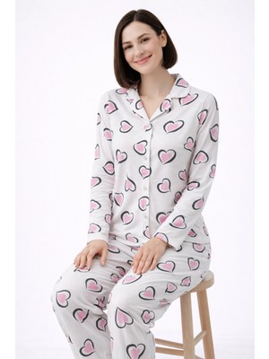 Fames Kalp Desenli Düğmeli Kadın Pijama Takımı