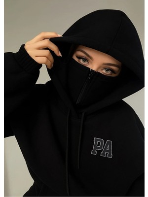 Divin - Kadın Kar Maskeli Ninja Sweatshırt 3 Iplik Kalın Oversize Büyük Beden
