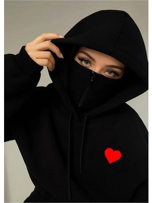 Divin Kadın Kar Maskeli Ninja Sweatshırt 3 Iplik Kalın Oversize Büyük Beden