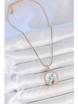 Fantastik Store 316L Çelik Gold Renk Zincir Mavi Mineli Inci Çiçek Işlemeli Zirkon Taş Detaylı Madalyon Model Kadın Kolye - Lisinya
