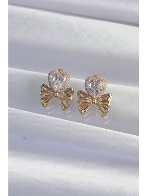 Fantastik Store Pirinç Gold Renk Zirkon Taşlı Kalp Model Fiyonk Küpe - Lisinya