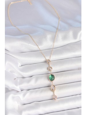 Fantastik Store Pirinç Zincir Zümrüt Yeşil Gold Renk Zirkon Taşlı Y Kolye - Lisinya