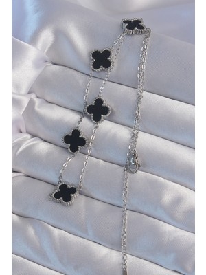 Fantastik Store 316L Çelik Gümüş Renk Siyah Mineli Yonca Kolye - Lisinya