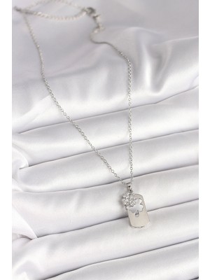 Fantastik Store 316L Çelik Gümüş Renk Zincir Zirkon Taşlı Yonca Model Kadın Kolye - Lisinya