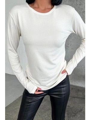 Fantastik Store Rahat ve Şık Uzun Kollu Bisiklet Yaka Likralı Viskon Penye Body Ekru ( Lisinya )