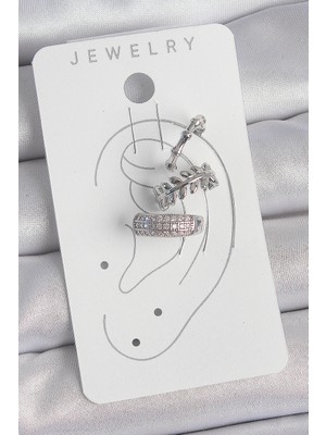 Fantastik Store Pirinç Gümüş Renk Zirkon Taşlı 3'lü Model Yaprak Figür Kadın Kıkırdak Küpe - Lisinya