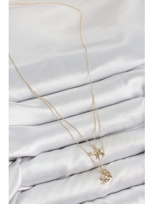 Fantastik Store Pirinç Zirkon Taşlı Yıldız ve Ay Model Gold Renk Kadın Kolye - Lisinya
