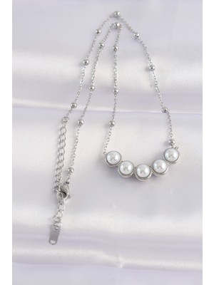 Fantastik Store 316L Çelik Zincir Gümüş Renk Sıralı Inci Taşlı Kolye - Lisinya
