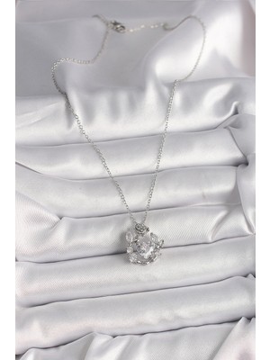 Fantastik Store 316L Çelik Gümüş Renk Zincir Zirkon Taşlı Kalp Figür Gül Detay Kadın Kolye - Lisinya