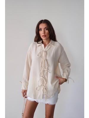 Bacc Krem Düğme Detaylı Bağlamalı Müslin Gömlek BCRU-261295