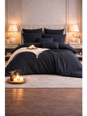 Vionetta Ranforce % 100 Pamuk Siyah Düz Renk Lastikli Çarşaflı 2 Yastıklı Tek Kişilik Nevresim Takımı