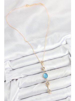 Fantastik Store Pirinç Zincir Mavi Gold Renk Zirkon Taşlı Y Kolye - Lisinya