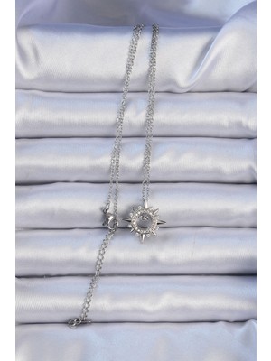 Fantastik Store 316L Çelik Zincir Gümüş Renk Zirkon Taşlı Parlayan Yıldız Kolye - Lisinya