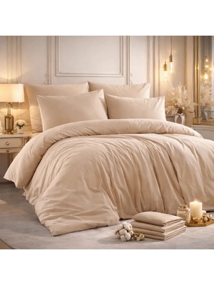 Vionetta Ranforce % 100 Pamuk Bej Düz Renk Lastikli Çarşaflı 2 Yastıklı Tek Kişilik Nevresim Takımı