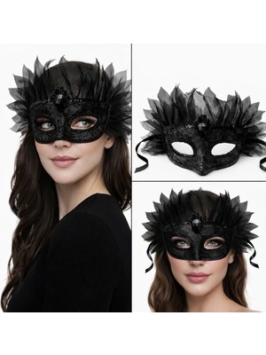 Magicool Siyah Taşlı Venedik Maskesi Lüks Tüllü Parti Maskesi