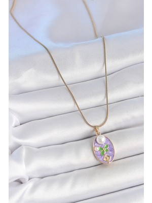 Fantastik Store 316L Çelik Gold Renk Zincir Mor Mineli Oval Incili Çiçek Işlemeli Portre Model Kadın Kolye - Lisinya