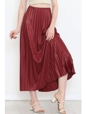 Fantastik Store Zarif ve Modern Pileli Parlak Krep Gizli Lastikli Bordo Etek ( Lisinya )