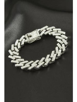 Zero Land Gld-Spt- Chain Zikzak Zincir Zirkon Taşlı Lüks Çelik Bileklik - Gümüş Rengi