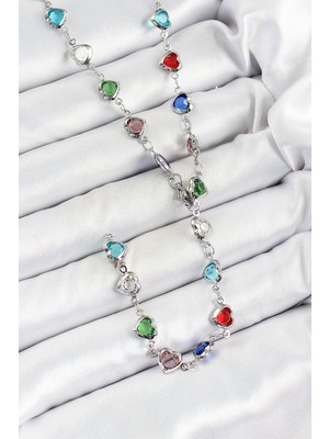 Fantastik Store Pirinç Gümüş Renk Karışık Renk Zirkon Taşlı Kalpli Y Kadın Kolye - Lisinya