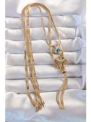 Fantastik Store 316L Çelik Gold Renk Zirkon Taşlı Göz Detay Nazarlı Uzun Asansör Model Kolye - Lisinya