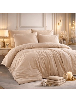 Vionetta Ranforce % 100 Pamuk Bej  Lastikli Çarşaflı 4 Yastıklı Çift Kişilik Nevresim Takımı