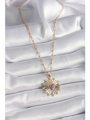 Fantastik Store 316L Çelik Gold Renk Pembe Zirkon Taşlı Kalp Işleme Madalyon Model Kadın Kolye - Lisinya