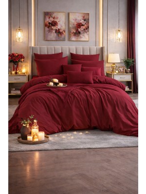 Vionetta Ranforce % 100 Pamuk Bordo Lastikli Çarşaflı 4 Yastıklı Çift Kişilik Nevresim Takımı