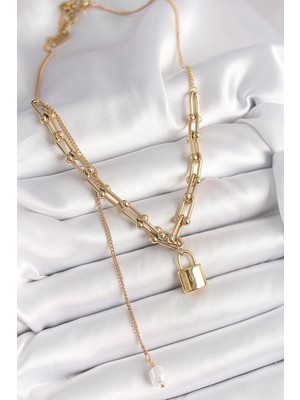 Fantastik Store 316L Çelik Gold Renk Tifany Zincir Model Kilit Figür Sallantı Inci Detay Kadın Kolye - Lisinya