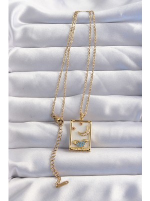 Fantastik Store 316L Çelik Zincir Gold Renk Ay Detay Mavi Zirkon Taşlı Tarot Kolye - Lisinya