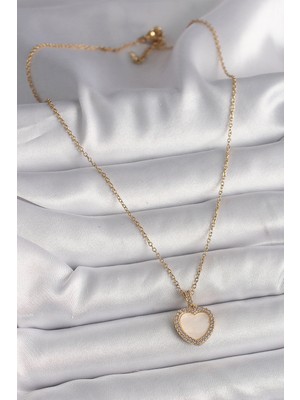 Fantastik Store 316L Çelik Gold Renk Zincir Zirkon Taşlı Beyaz Mineli Kalp Model Kadın Kolye - Lisinya