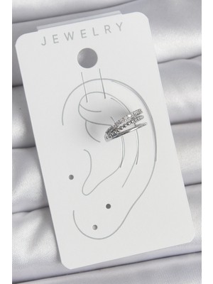 Fantastik Store Pirinç Gümüş Renk Zirkon Taşlı 3'lü Sıralı Model Kadın Kıkırdak Küpe - Lisinya