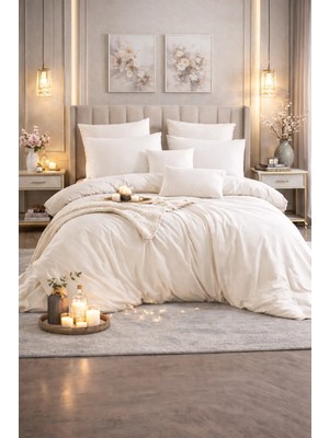 Vionetta Düz Renk % 100 Pamuk Lastikli Çarşaflı 4 Yastıklı Açık Krem Nevresim Takımı