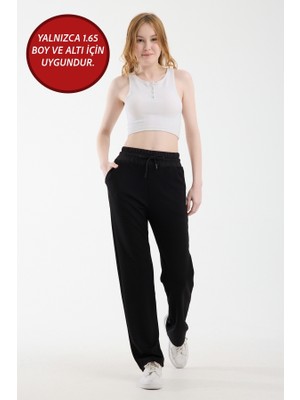 Warasiva Kadın Siyah Düz Paça Bel Bağlamalı Modal Kumaş Cepli Eşofman Altı ( 1.65 Boy ve Altı Için Uygundur)