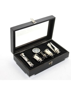 Livenda Ahşap Kutulu Pirinç Dürbün Pusula ve Kum Saati Seti