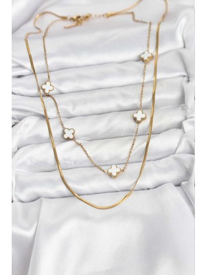 Fantastik Store 316L Çelik Zincir Gold Renk Italyan Zincirli Yonca Model Kadın Kolye - Lisinya