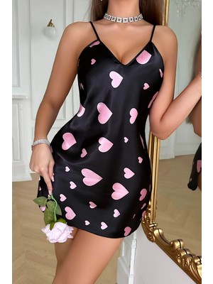 Fantastik Store Pembe Kalp Desenli Siyah Saten Gecelik